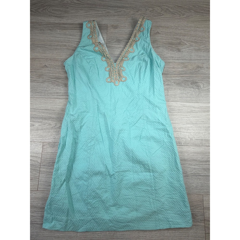 Lilly Pulitzer Bentley Sleeveless Aqua Blue Dress Gold Embroidery V Neck Size 14 - Picture 2 of 8